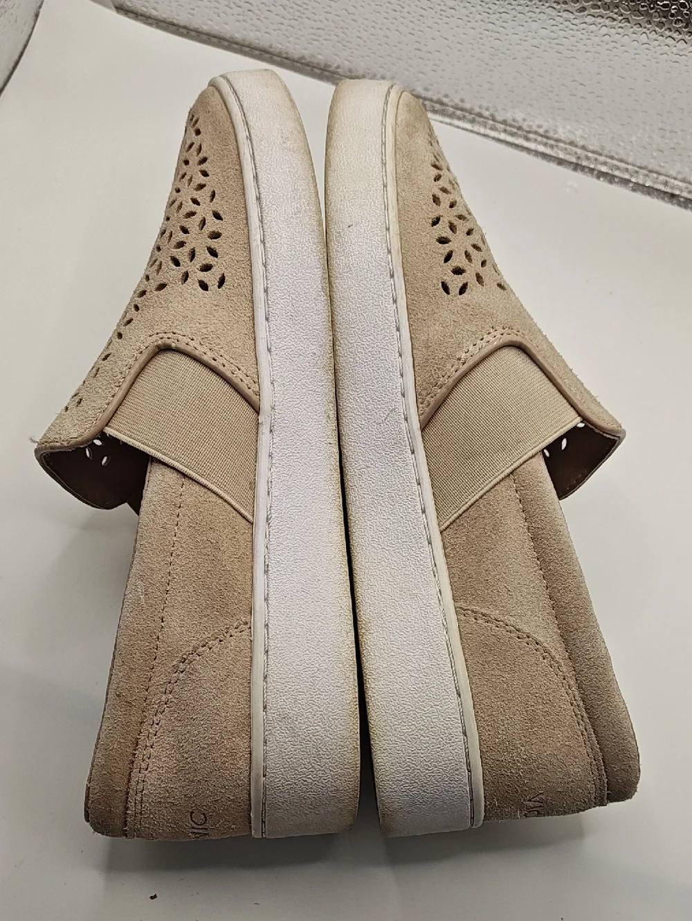 Vionic Women Shoes 6.5 Tan Suede Laser Cut Perforated Slip On Sneakers
